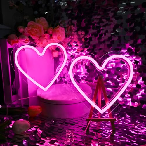 Image of Britrio Pink Heart Neon Sign Home Decor, 2 Pcs Neon Heart Light LED Wall Decoration Night Light for Girl Dorm Bedroom Wedding Birthday Party Decor Mothers Day Gift Battery Operated or USB Powered