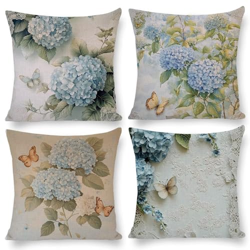 クッションカバー 4枚セット 35x35cm 正方形 おしゃれ かわいい 北欧 隠しファスナー 亜麻 ソファ背当て 装飾枕カバー 座布団カバー 家庭装飾 車 椅子 飾り 四季通用 インテリア 女性 祝日のプレゼント (アジサイ) q-738