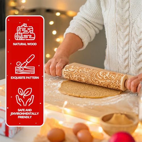Christmas Gift Wooden Embossed Rolling Pin for Baking, Stocking Stuffers Gifts for Women, Deep Engraved Embossing Rolling Pins with Snow Pattern Designs for Baking Cookies Stamps Roller DIY Tools - Image 4