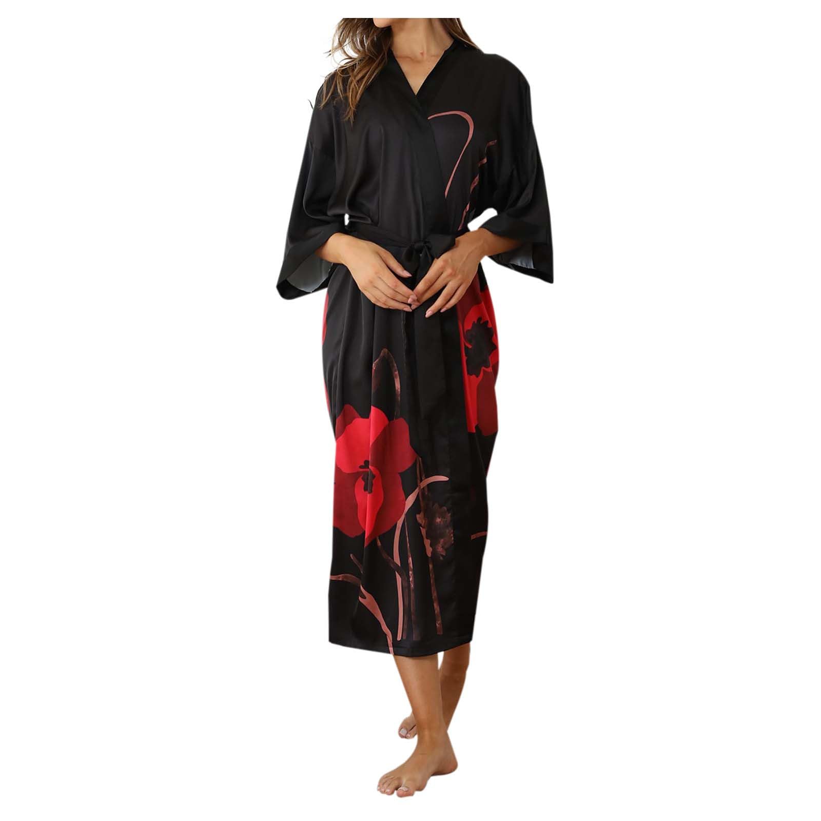 Generisch Lujoso kimono de satén con estampado floral para mujer, sensación fresca, manga 3/4, bata, ropa de dormir