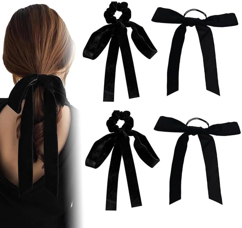 - Shidara 4Pcs Luxury Velvet Bow Hair Ties, Long Elastic Ribbon Elegant Hair Rope Styling Accessories, Twisted Criss Cross Knotted Hairband With Long Tail