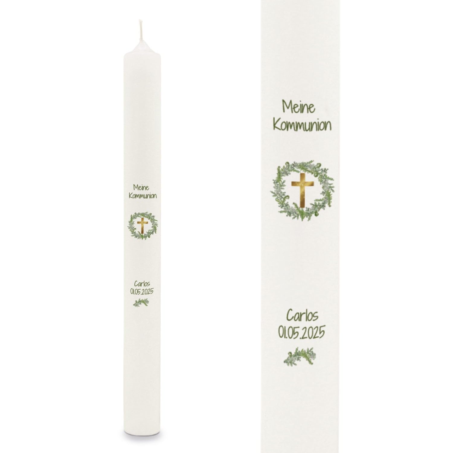 GRAVURZEILE Bedruckte Stabkerze - Kranz mit 3 versch. Symbolen - Personalisiert mit Name & Datum - Geschenk zur Taufe, Kommunion oder Konfirmation - Für Jungen & Mädchen - Altarkerze 400/40 mm - Weiß
