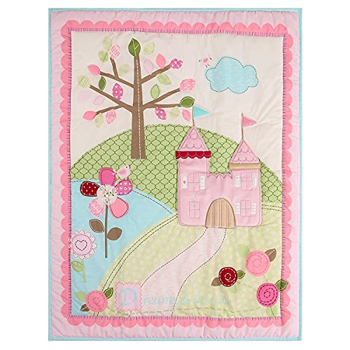 Brandream Pink Dreamy Castle - Juego de cama para cuna para niña | Juego de cama de 3 piezas de algodón floral | colcha de bebé, sábana bajera ajustable para cuna incluida