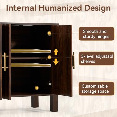 ECOTOUGE Modern Buffet Cabinet, Credenza with 4 Doors & Adjustable Shelves, Fluted Buffet Sideboard Cabinet with Storage, Mid Century Coffee Bar Table for Kitchen, Living Room Entryway, Brown