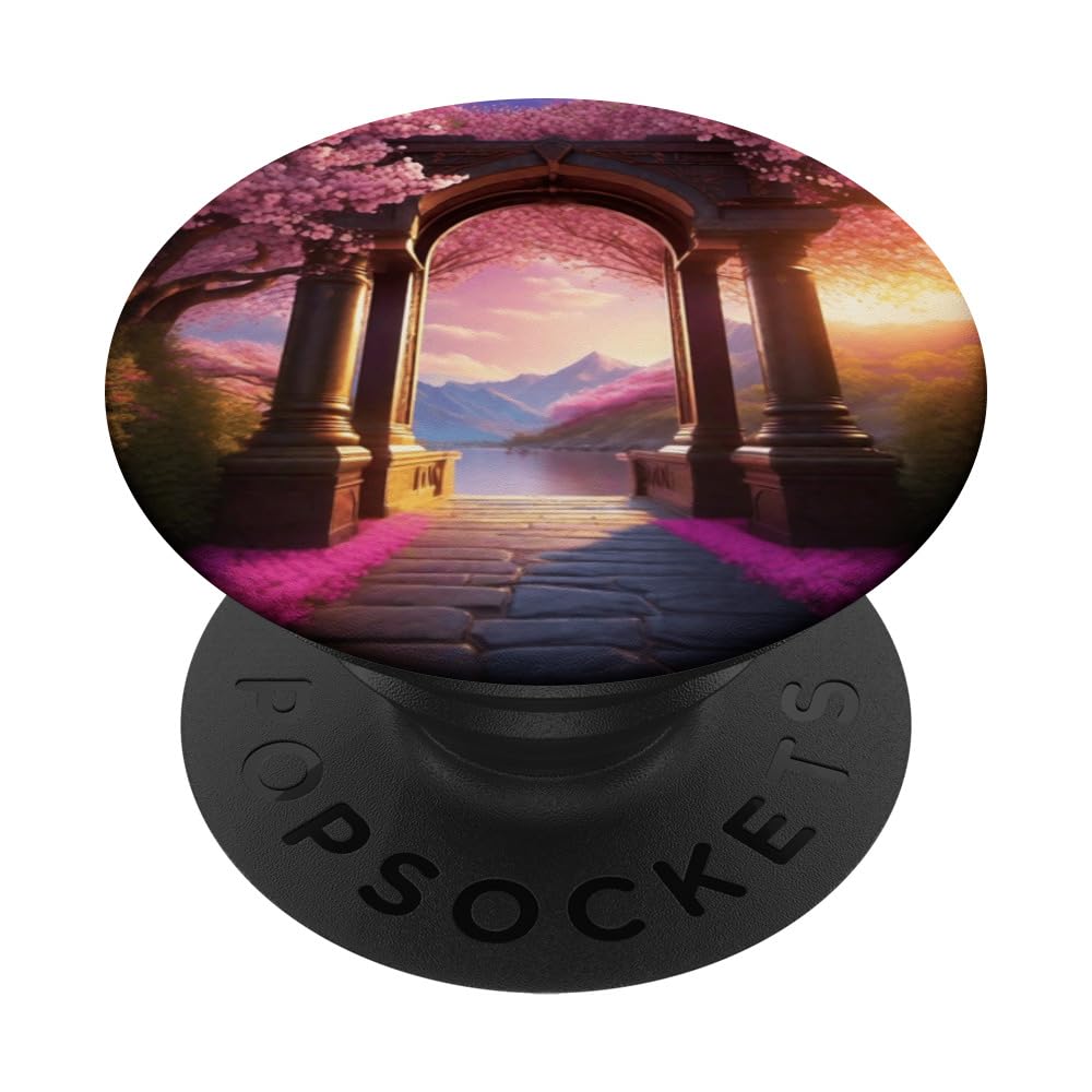 Cherry Blossoms Mystical Stone Arch Magical Fantasy Design PopSockets Swappable PopGrip, Black