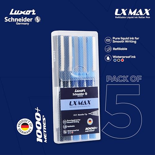 Image of Luxor Schneider, LX MAX roller ball pen, Pack of 5-3 Blue + 2 Black, Needle Tip, 0.5mm, 100% German Technology, 1000+ mtrs writing length, Waterproof Ink, Ideal for Students & Professionals