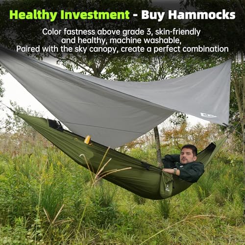Image of Camping Hammock Mosquito Net with Rain Fly - Portable Parachute Nylon Backpacking Hammock for Outdoor, Hiking, Backpacking, Backyard, Beach, Travel (Hold Up to 500lbs)