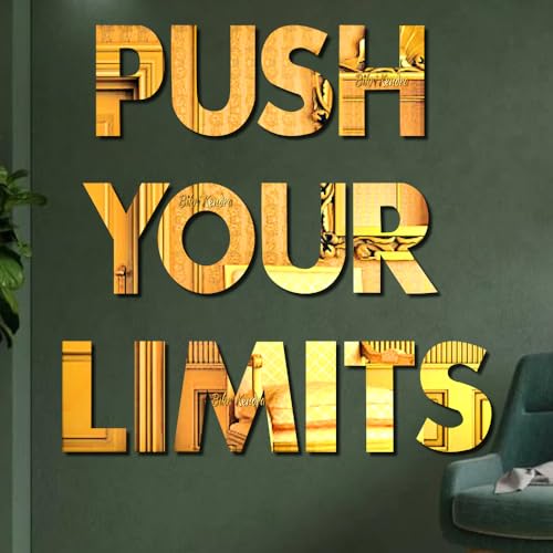 Image of Bikri Kendra - Push Your Limits Letter Mirror Sticker, Acrylic stikcer, Decorative Mirror Sticker for Wall, Bedroom, Hall, Living Room, Kitchen. (Gold Push Your)