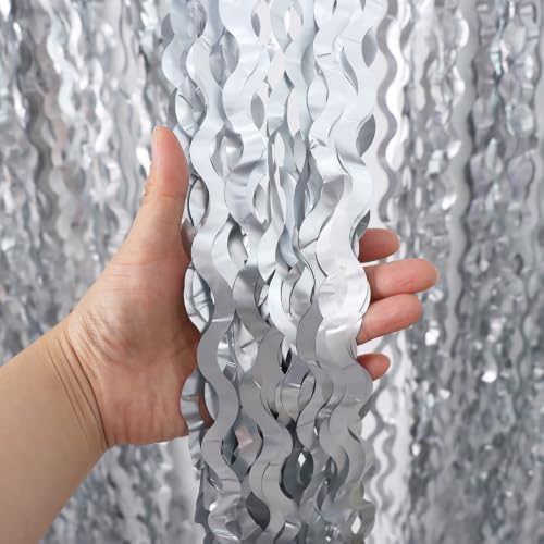 Image of TONIFUL 2Pcs Wavy Matte Silver Metallic Tinsel Foil Fringe Curtain Streamer