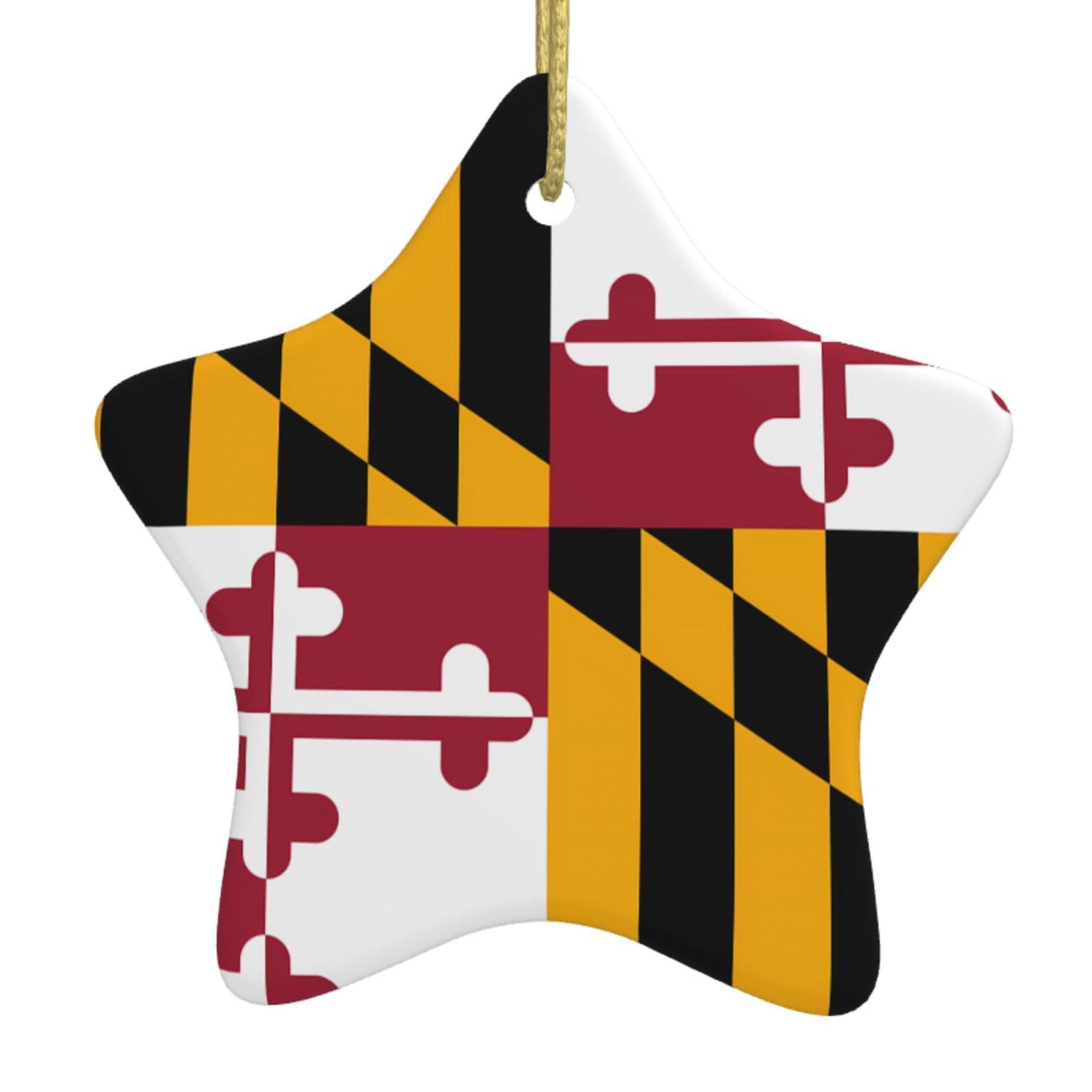 Maryland State Flag Christmas Ceramic Star Pendant with Punched Holes and Gold Wire Rope, Christmas Tree Home Decoration
