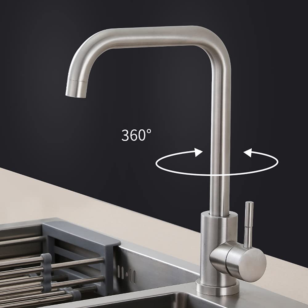 Grifo de Cocina de Acero Inoxidable 304 de una Sola manija, Doble Control, Fregadero Giratorio de Agua Caliente y fría, Grifo Adecuado para Lugares públicos de hoteles, Grifo de Recipiente Plateado