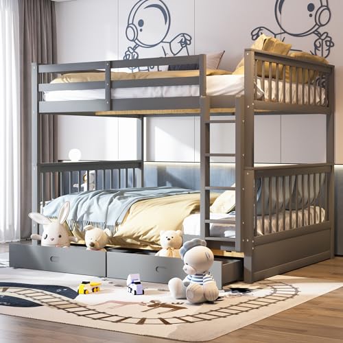 Merax Wood Bunk Bed with Drawers,Convertible Wood Bunk Bed with Ladders and Two Storage...