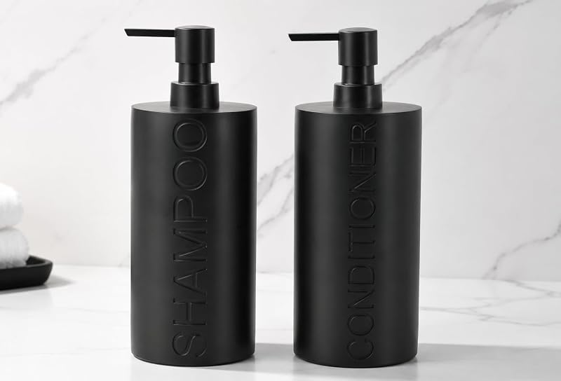 Indecor Home Conjunto com 2 frascos pretos de resina para shampoo e condicionador