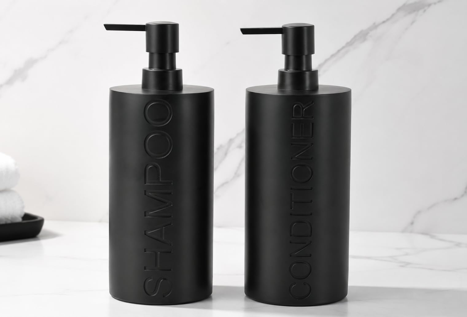 2-Pack Matte Black Resin Refillable Shampoo &amp; Conditioner Bottles – Modern Bathroom Pump Dispenser Set, Durable Resin Shower Containers with Embossed Labels, Reusable Pump Bottle