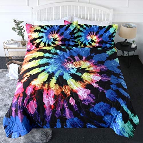 BlessLiving Tie Dye Comforter Set Queen Hippie Black Purple Blue Tie Dye Bed Set Teen Bedspread Full/Queen Tie-Dye Quilt Bedding Set Trippy Blanket for Girls Boys (3 Piece, 1 Comforter 2 Shams)