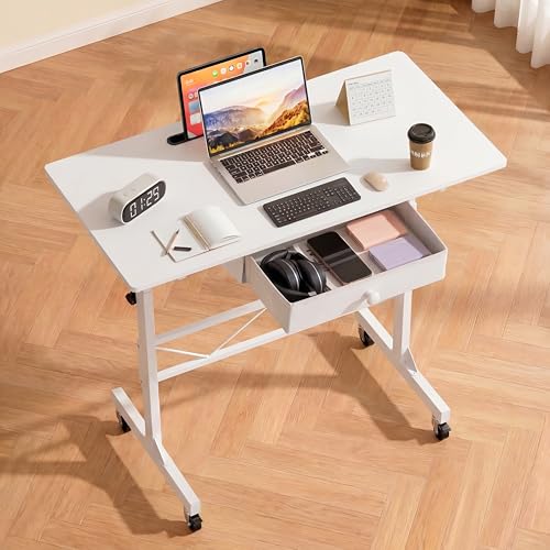 Image of COMHOMA Portable Standing Desk Adjustable Height 30.7 inch-46.4 inch, Standing Desk with Drawers, Mobile Rolling Computer Desk for Home Office Work and Walking Pad Treadmill, Carbon Fiber White