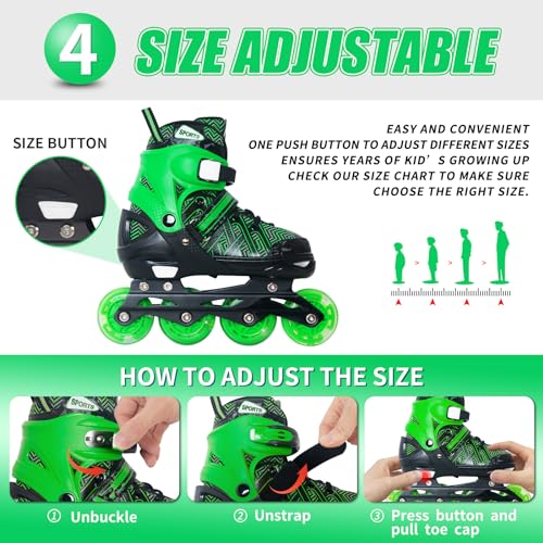 Image of Nattork Adjustable Inline Skates for Youth Big Boys - with Light up Wheels - Green Blade Roller Skating for Beginners Size 5 6 7 8 Ages 11 12 13 14 15