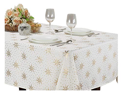 Kashi Home Holiday Decorative Twinkle Collection Tablecloth, Beautiful Shining Snowflake Design for Holidays Gathering, Buffet Table, Parties - 70" Round, Gold