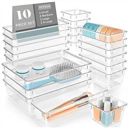 U-MAX 10 PCS Clear Plastic Drawer Organizer Set, 4 Sizes Desk Drawer Organization and Storage Containers for Cosmetics, Jewelry, Makeup and Gadgets in Kitchen, Office, Bedroom, Bathroom (Clear, 10Pcs)
