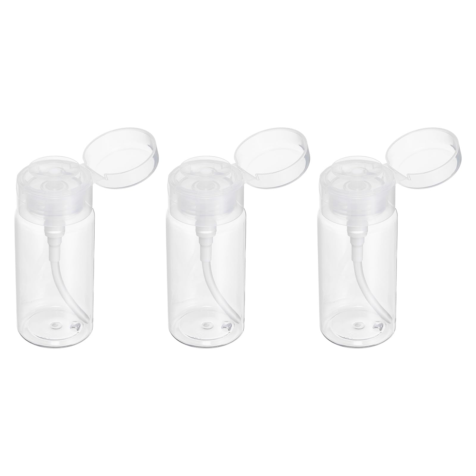 Muiltvoe 3pcs Push Down Pump Dispenser 5.3OZ (150ML) Plastic Nail Polish Remover Pumping Empty Bottle with Round Flip Cap for Makeup Remover Alcohol Facial Toner, Clear
