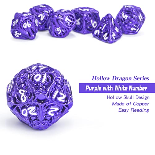 DNDND-Skull-Hollow-Dice-7-Pieces-Purple-Metallic-Hollow-DND-Dice-with-Grogeous-Gift-Case-for-DD-Dungeons-and-Dragon-Tabletop-Game-Purple-with-White-Number