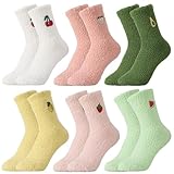kodinsiivous 6 Paar Kuschelsocken Damen 38-42 Weiche Flauschige Socken Thermosocken,Lustige Socken mit Fruchtmuster,Gemütlich Winter Warme Dicke Bettsocken Haussocken für Frauen