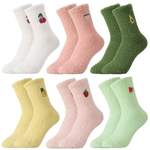 kodinsiivous 6 Paar Kuschelsocken Damen 38-42 Weiche Flauschige Socken Thermosocken Lustige Socken mit Fruchtmuster Gemütlich Winter Warme Dicke Bettsocken Haussocken für Frauen
