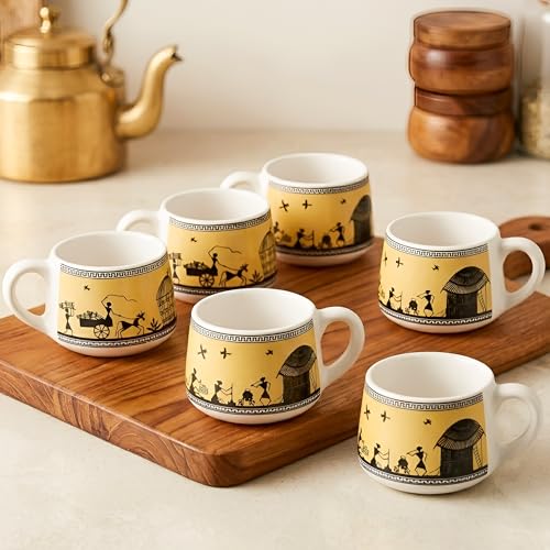 Image of The Earth Store Yellow Warli Art Ceramic Tea Cup Set of 6 for Tea | 140ML Each | Microwave & Dishwasher Safe | Perfect for Every Occasion Chai | Coffee Cups for Home, Office, Gifting & Daily Use