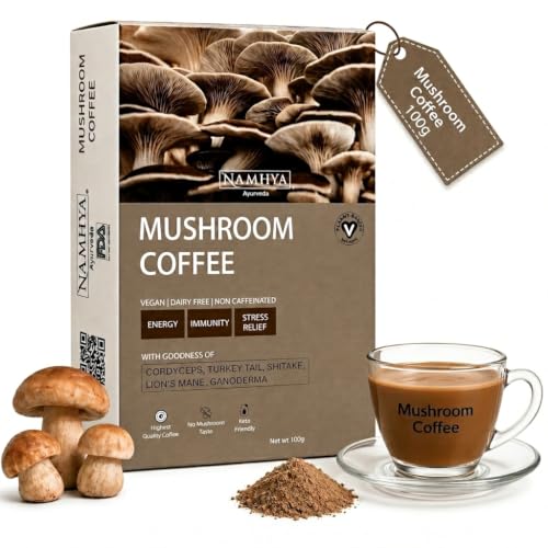 Image of Namhya Mushroom Coffee Powder | Boosts Energy, Focus, Immunity & Reduces Stress | Cordyceps, Turkey Tail, Shiitake, Lion's Mane, Ganoderma | Natural Ayurvedic Coffee | Vata Pitta | 100g (40 Cups)