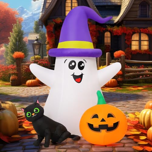 Image of GOOSH 5 FT Halloween Inflatables Ghost Outdoor Decorations Blow Up Yard Cute Wizard Ghost with Black Cat Pumpkin with Built-in LEDs for Garden Lawn Indoor Party Decor