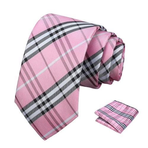 PenSee Mens Pink Ties Set Stripe Plaid Ties for Men and Pocket Square Formal 3.15(8CM) Necktie Wedding Business