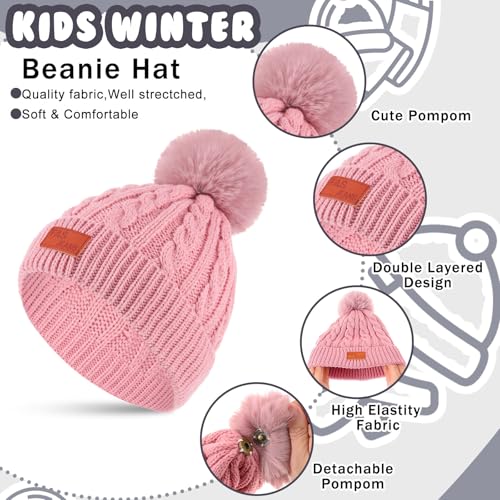6 Pcs Kids Hat Scarf Gloves Set Girl Boy Pom Kid Winter Beanie Hat Mittens Gloves Neck Warmer Fleece Lining for 1T-5T4