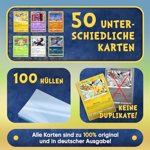 Pokemon Karten deutsch 50 Verschiedene 3 Seltene 3 Holo 1 zufällige Pikachu, Glumanda, Dedenne oder Evoli Sammelkarten Originale Pokemon Karten aktuelle Sets 100 Heartforcards® Card Guard Kartenhüllen – Bild 5