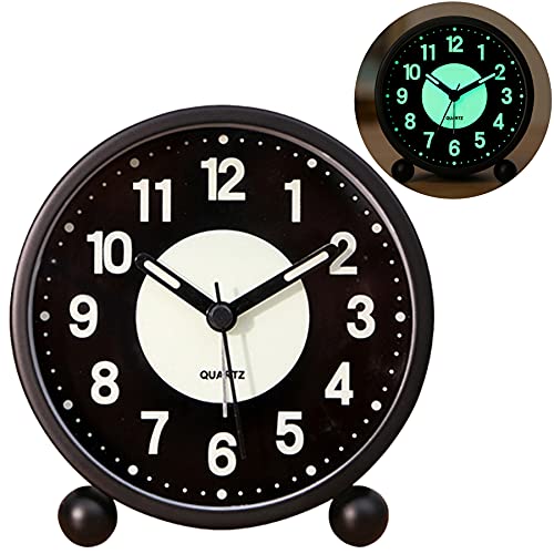 Alarm Clock Luminous 4 Round Silent Analog Table Clock Non-Ticking, Battery Operated with Loud Alarm and Night Light Small Desk Clock for Bedroom, Bedside Table