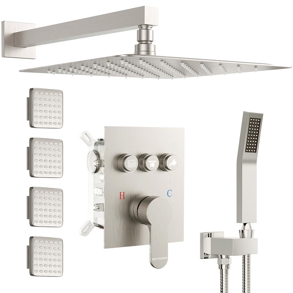 Shower Faucets Sets Shower System with Body Jets,Bostingner 12" Rain Shower Head with Handheld Spray,Multi Head Push Button Diverter Shower Set with Valve Complete,Can Use at Same Time, Brushed Nickel