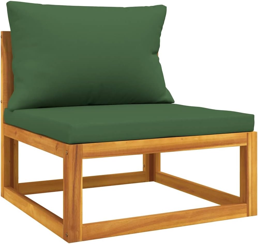 vidaXL Middle Sofa for Patio with Green Cushions - Solid Acacia Wood - Indoor and Outdoor Furniture with Modular Design & Easy Assembly