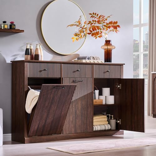 Image of IFBUY Triple Tilt Out Laundry Hamper Cabinet, Trash Can Cabinet, Brown