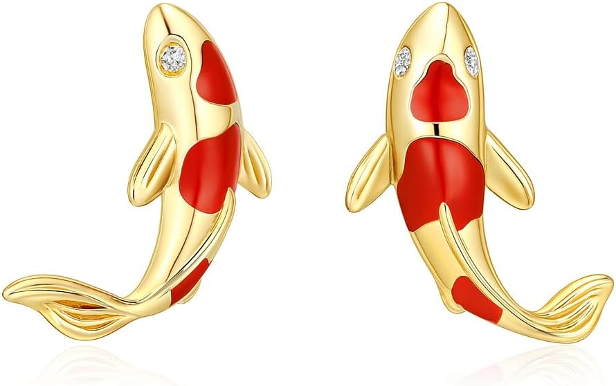 Stainless Steel Koi Fish Ring and Earrings Set with Red Enamel, Japanese Style - Koi Fish Jewelry Gift