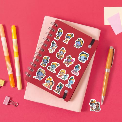 Image of Cute Krishna Sticker Pack of 60 - Waterproof Vinyl Devotional Stickers for Laptop, Water Bottle, Notebook, Journal, Phone Case, Scrapbook & DIY Decoration | Adorable Spiritual Character Collection