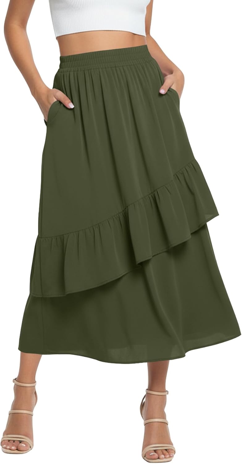 KUOTAI High Waisted Ruffle Tiered Midi Skirts for Women Boho Flowy A Line Summer Beach Long Maxi Skirt with Pockets - Image 2