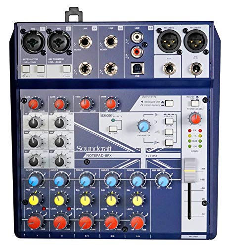 Soundcraft Notepad-8FX Podcast Mixer Bundle with Rockville PRO-M50 Headphones, RCTR106B TRS to TRS Cable, RHPA4 Headphone Amplifier Stereo, RMC-XLR Mic and RTMS21 Desktop Mic Stand