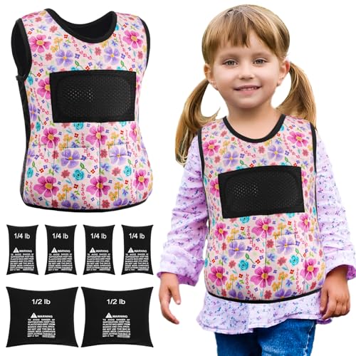 Image of Janmercy Weighted Vest for Kids Ages 2 to 9 Adjustable Neoprene Compression Vest Removable Weights Breathable Comfort Toddler(Flowers,Small,Pink)