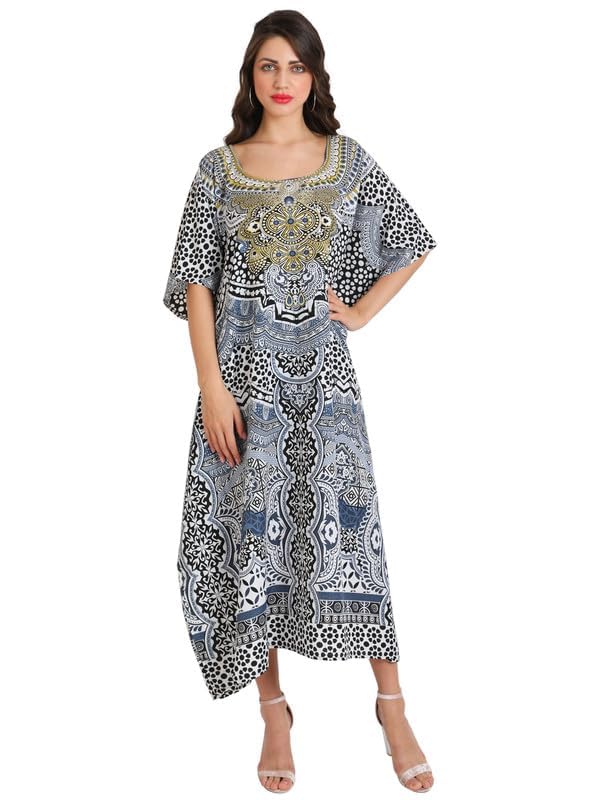 Image of Miss Lavish London Kaftan Dresses for Women Plus Size Long Batwing Sleeve Caftans, V Neck Moo Moo Printed Beach Cover Up Maxi Beach Dress, Bathing Suit Cover-Up Loungewear