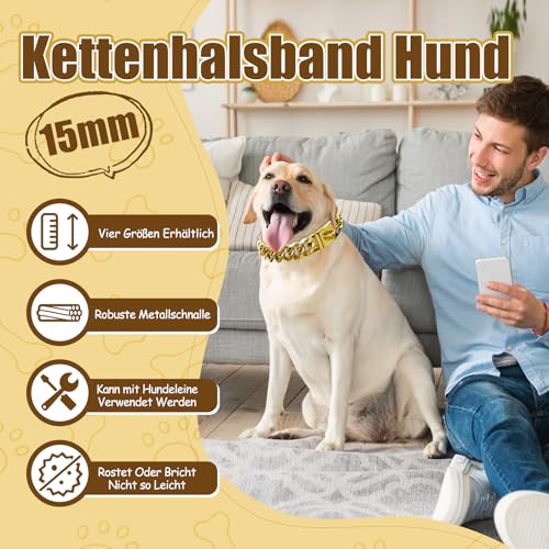 Kettenhalsband Hund, Goldenes Hundehalsband Kette Mit Metallkette, 15mm Breite Cuban Dog Collar, Rostfreier Stahl Halskette Hund mit Schnalle Für Kleine Mittlere Und Große Hunde (45cm)