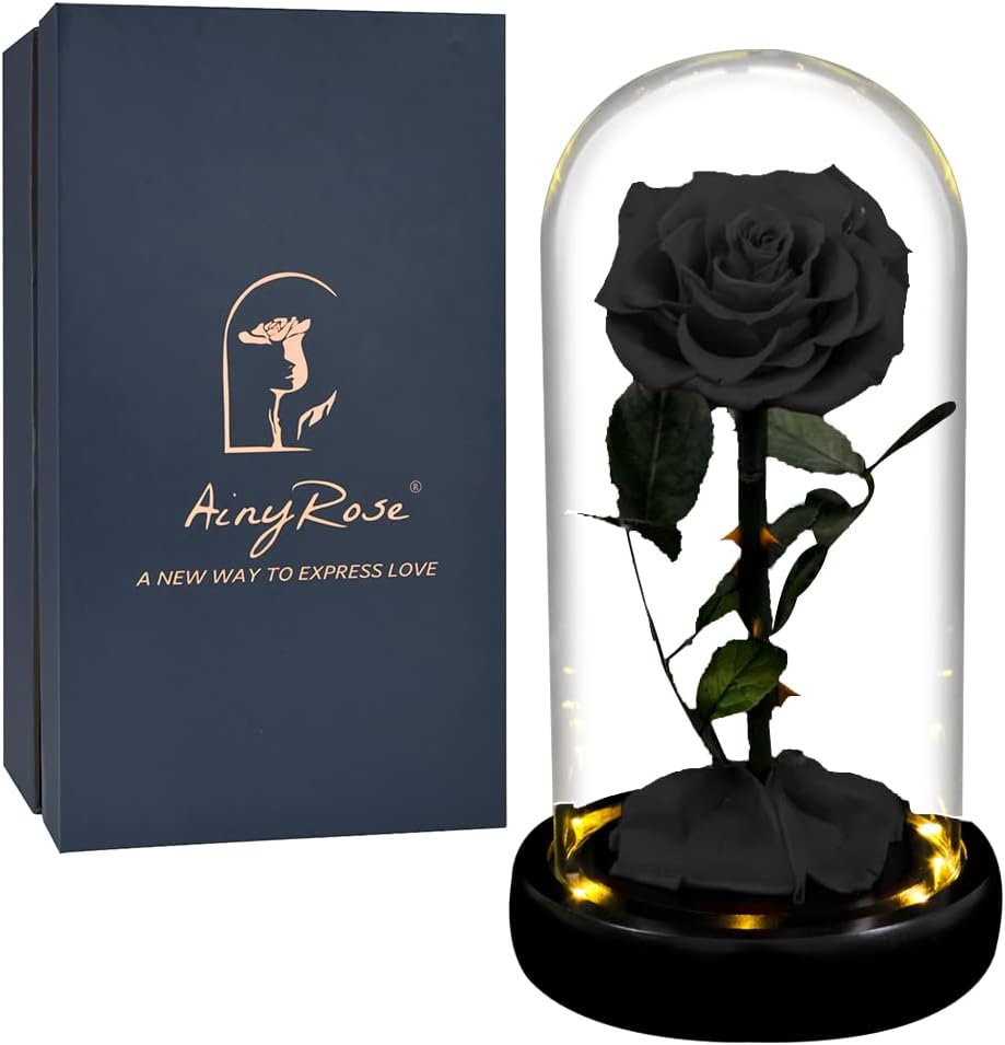 Gift for Women Forever Preserved Rose in Glass Dome with Light, Women Gifts Eternal Beauty Rose Romantic Gift for Her,Mothers Day,Valentines Day,Birthday,Christmas,Anniversary (Black)