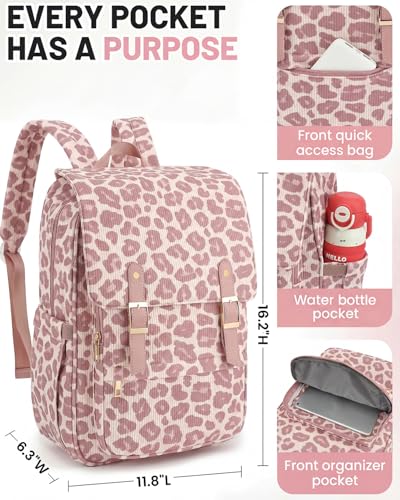 Image of Corduroy Laptop Backpack for Women, Fits 15.6 Inch Computer Bag, College High School Bookbag Travel Daypack Purse, Work Business Bags - Corduroy Leopard