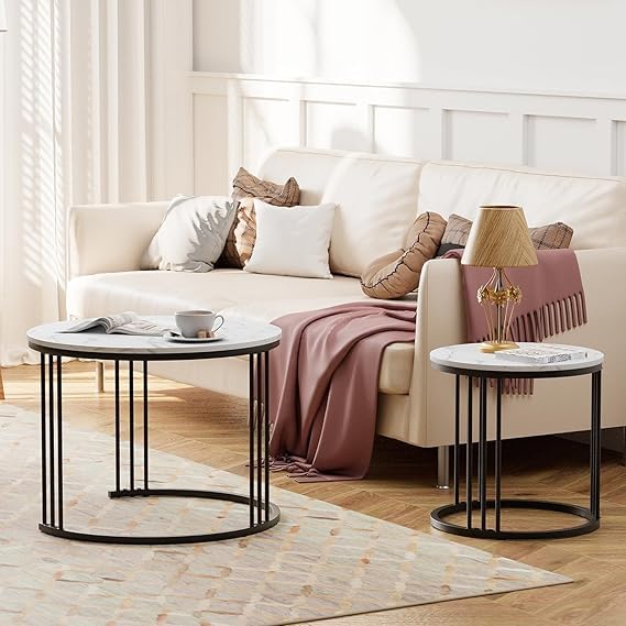Image of Modern Nesting Table Set of 2 - Round Coffee Table with Engineered Wood Top & Metal Frame, Side Tables for Living Room, Bedroom & Lounge (Black & White)