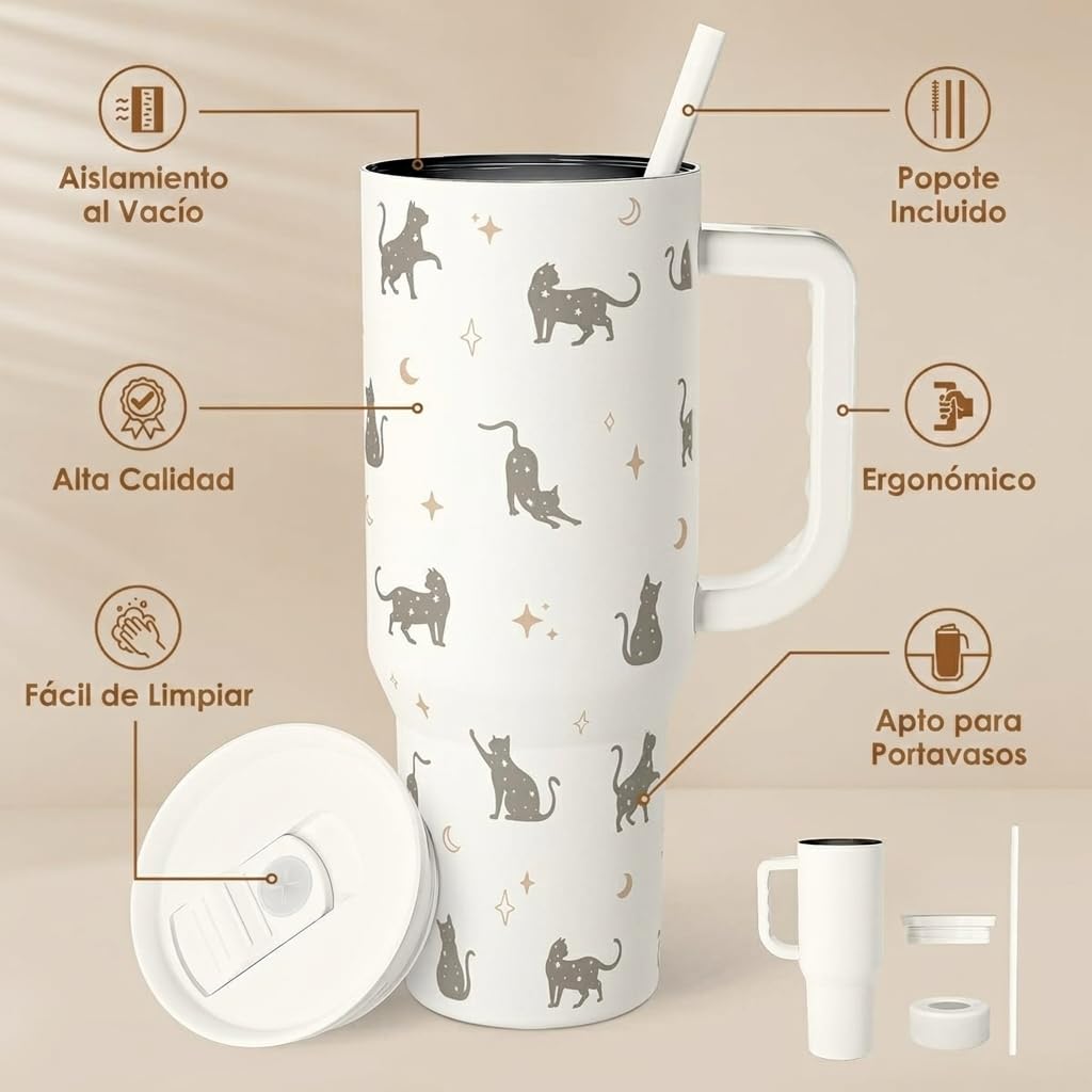 Regalo para los amantes de los gatos, gato mamá, vaso de acero inoxidable de 40 onzas con asa y pajita, taza de café de viaje para mujeres, regalo para cumpleaños, Navidad
