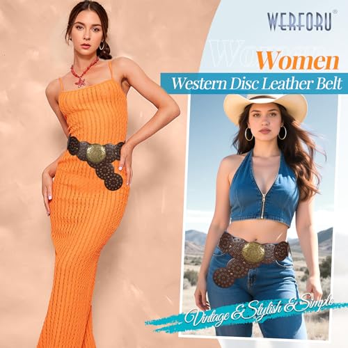 WERFORU Women Vintage Leather Belt Western Disc Waist Belts Ladies Western Belt Boho Belt for Dress Jean-3