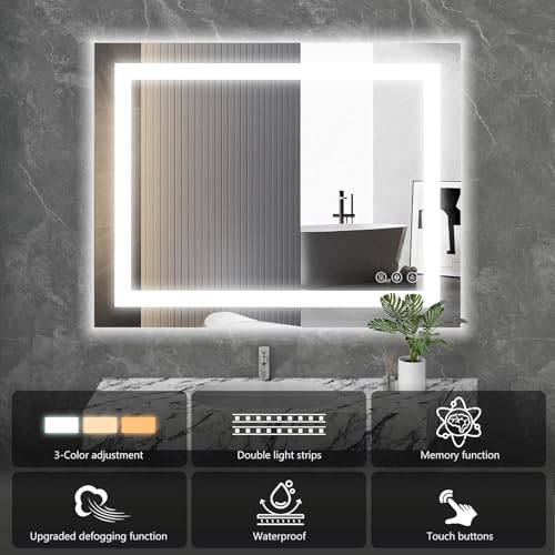 Image of NEWBULIG 24X36 Inch LED Bathroom Wall Mirror with Lights, Light up Vanity Bathroom Mirror for Over Sink, Anti-Fog and Dimmable, Front Light and Backlit, Memory Function, Shatter-Proof, White